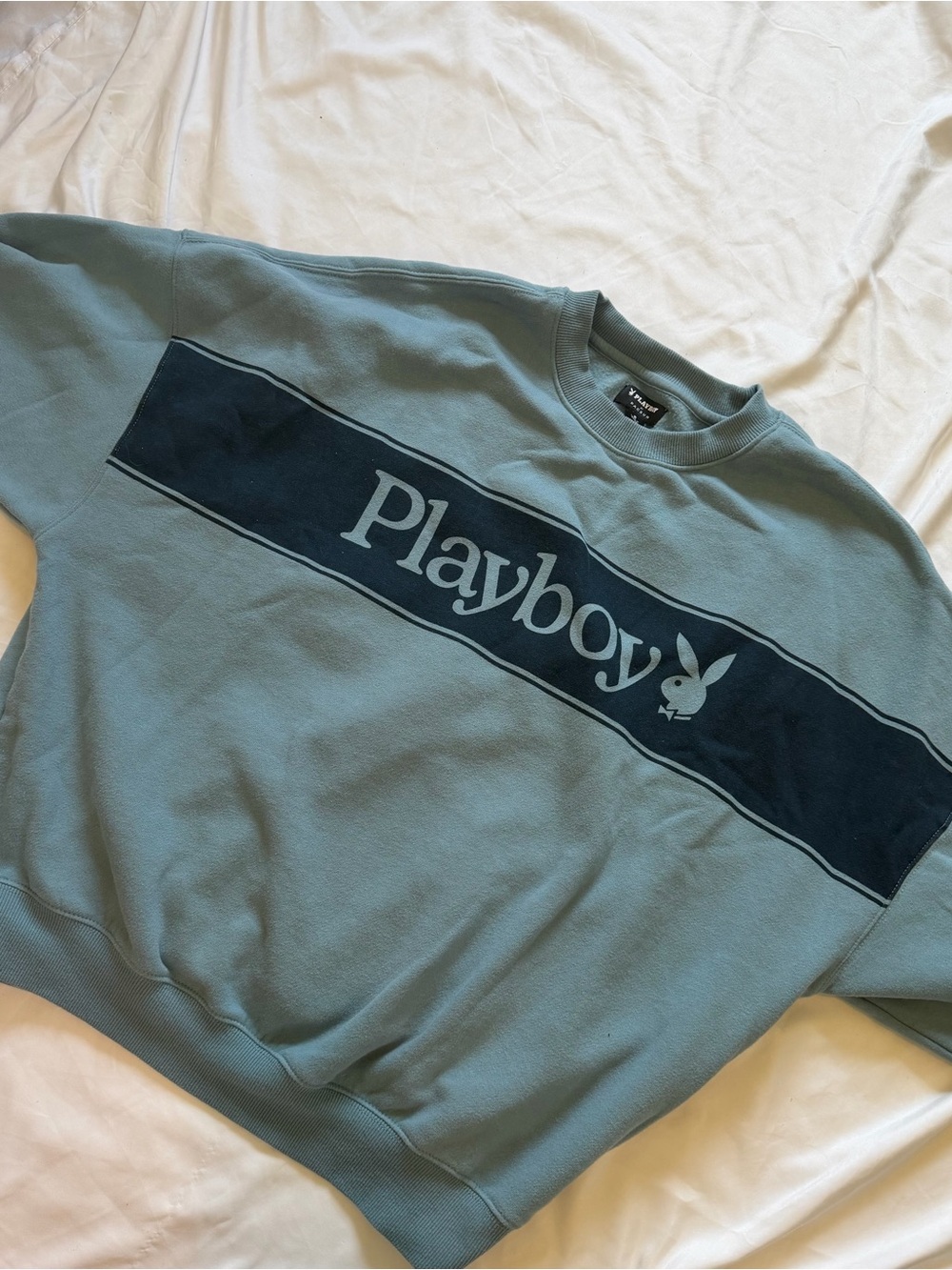PLAYBOY Crewneck Sweater in Slate Blue with Navy Stripe